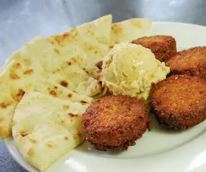 Falafel, hummus and pita bread at Cafe Mediterano in Essex, VT. 